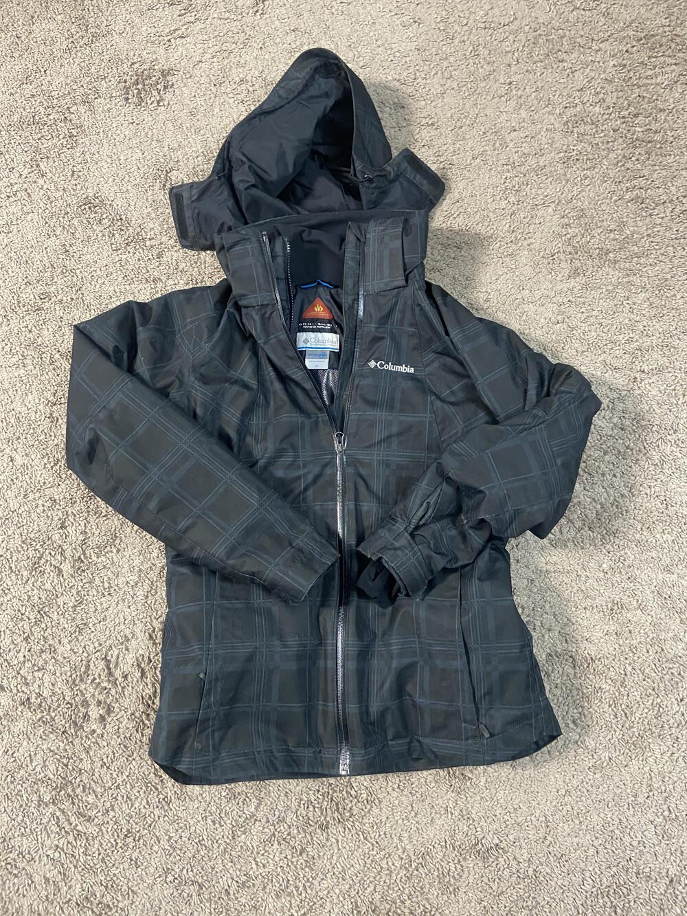 Columbia Jacket Womens Small Black Gray Plaid Omni-Heat Omni-Tech Hooded Rain